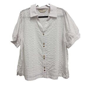 Any Body Womens Shirt 1X White Boxy Coastal Resort Preppy Puff Sleeve Button Up